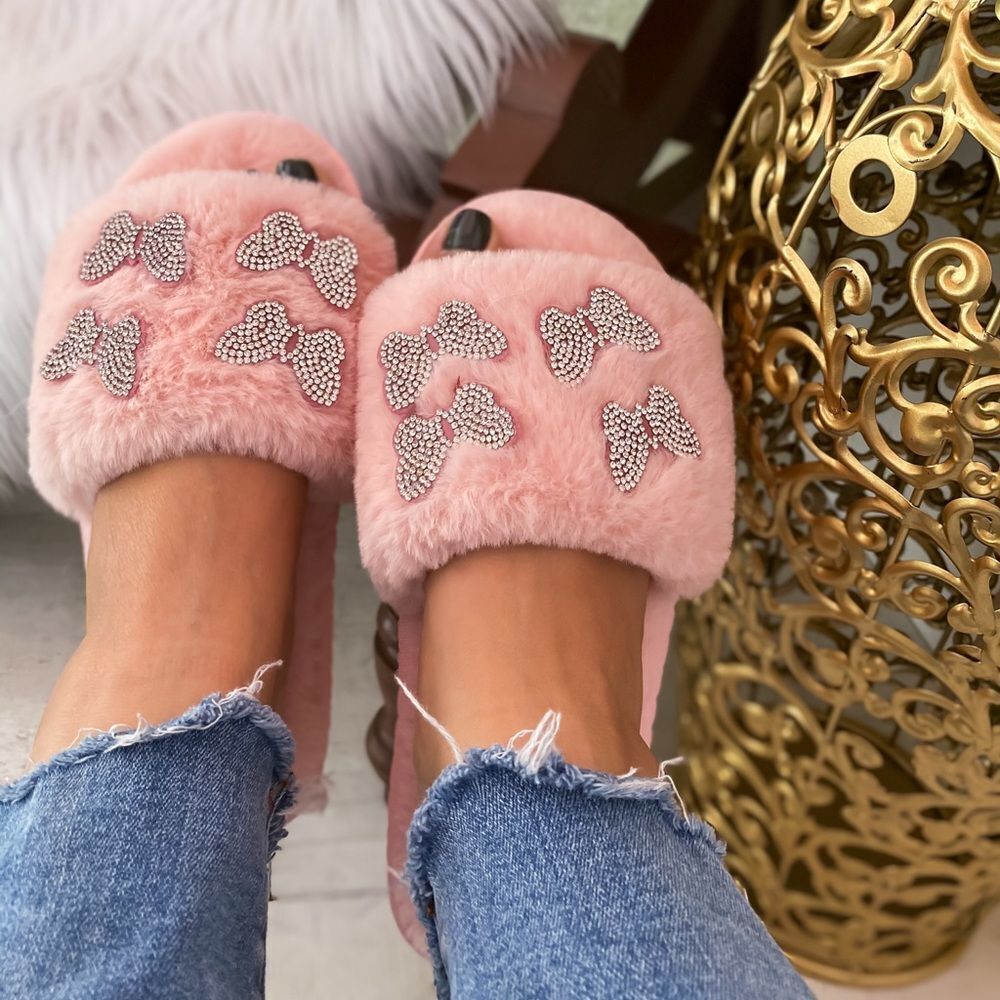 Blush Faux Fur Butterfly Slippers - Picture 2 of 7